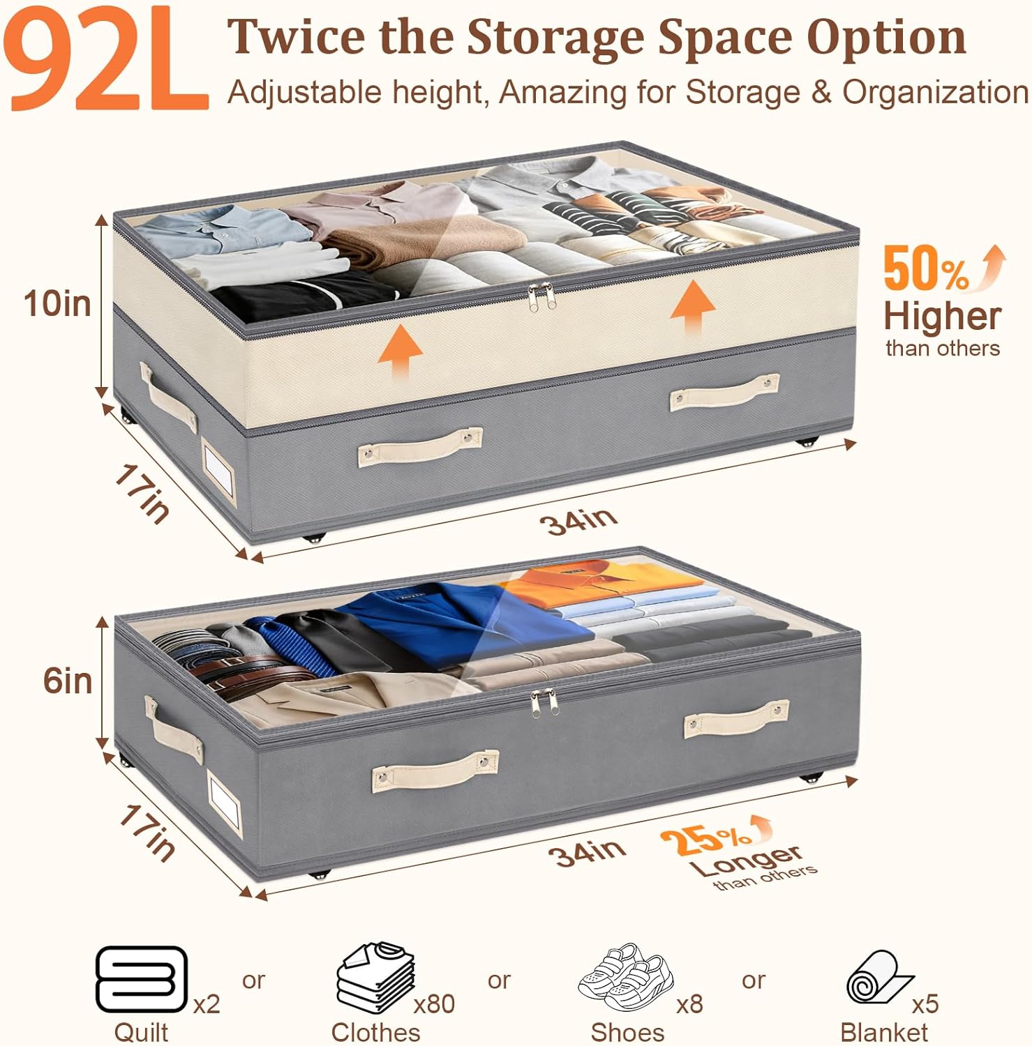 Dolicer 2 Pack Under Bed Storage with Wheels, 6in-10in Height Adjustable Underbed Storage Containers, 92L XXXL Under Bed Drawers Rolling Bin with Clear Lids for Dorm Shoes Clothes Organizers(Grey)