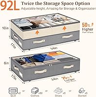 Vista 3 de Dolicer 2 Pack Under Bed Storage with Wheels, 6in-10in Height Adjustable Underbed Storage Containers, 92L XXXL Under Bed Drawers Rolling Bin with