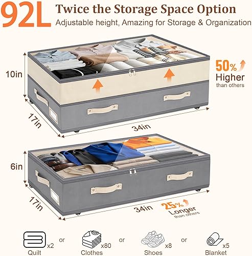 Miniatura 3 de Dolicer Almacenamiento debajo de la cama con ruedas, contenedores de almacenamiento ajustables de 10 pulgadas de altura debajo de la cama con tapas