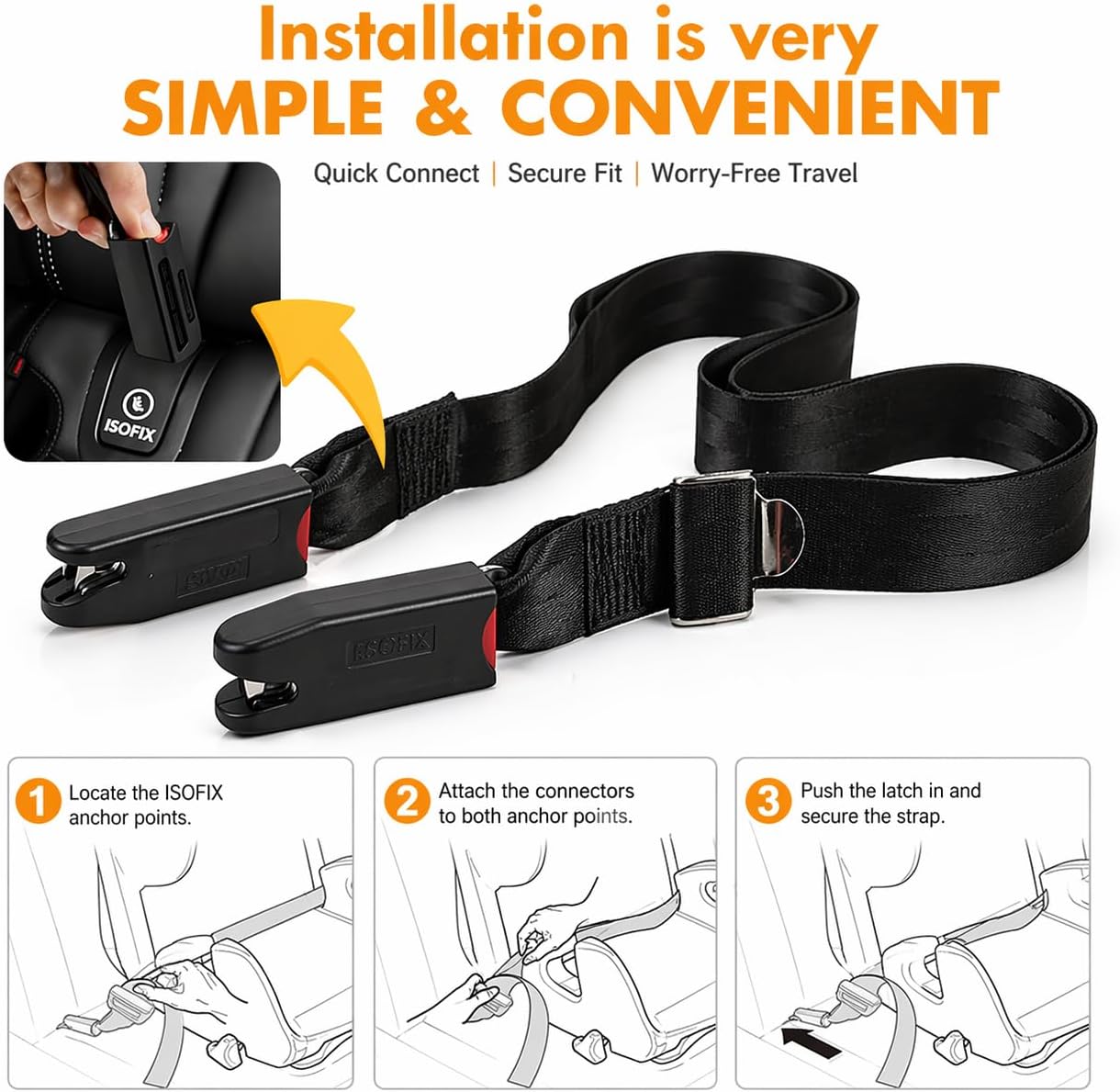 Adjustable ISOFIX Latch Fixing Strap Pads with Dual Hooks, Mounting Attachment Fixing Straps for Kids Seat Compatible Vehicle Anchor Points