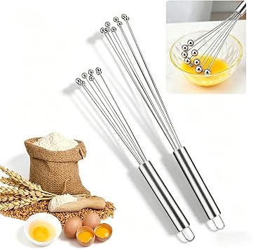 2 Pack Stainless Steel Ball Whisk Set 304   10 & 12 Inch Wire Egg Whisk Manual Egg Beaters Mixer for Fast Whipping Cream Sauces Blending Stirring