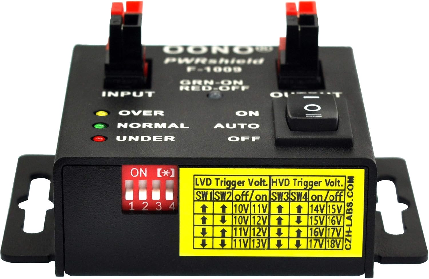 Close-up of the dip switch settings table for LVD and HVD trigger voltages on OONO PWRshield F-1009