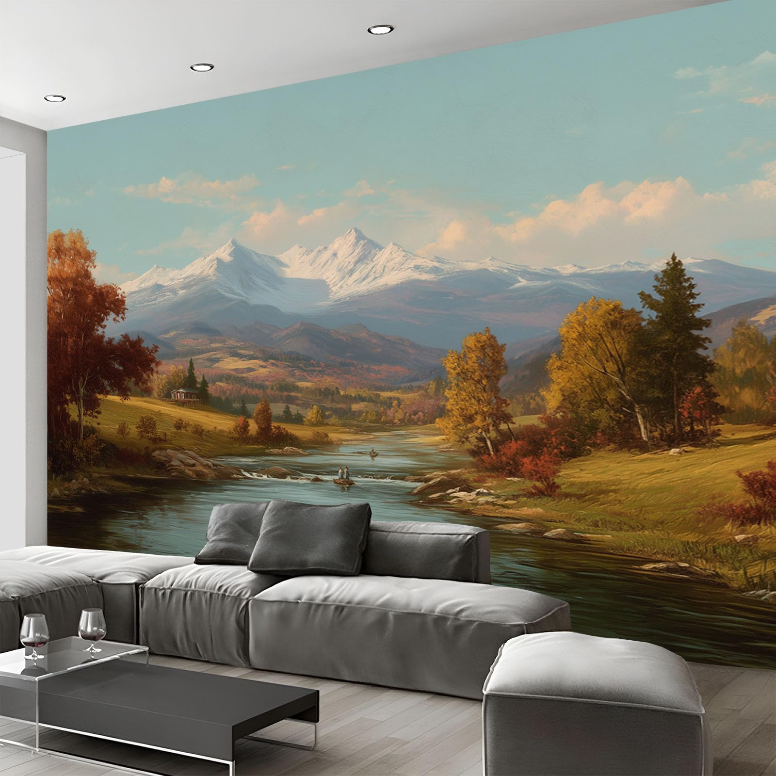 Papier peint panoramique forêt fleuve 350x256cm pour habiller un grand mur