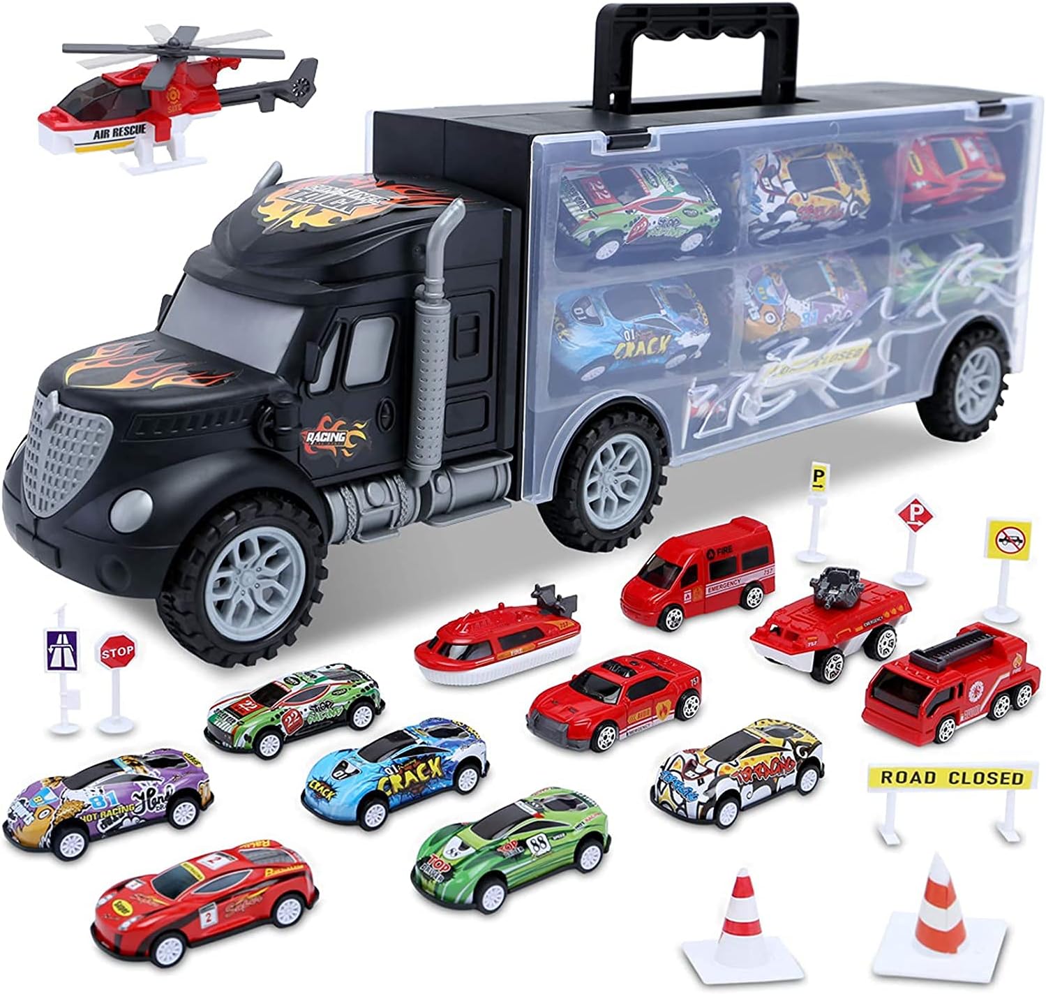 Toddler Toys for 3-5 Year Old Boys,Cars Truck Toys Transport Carrier Set,Valentines Day Gifts for Kids,Die-cast Vehicles Includes 12 Mini Toy Cars Easter Gifts for Kids Boy Age 3-7