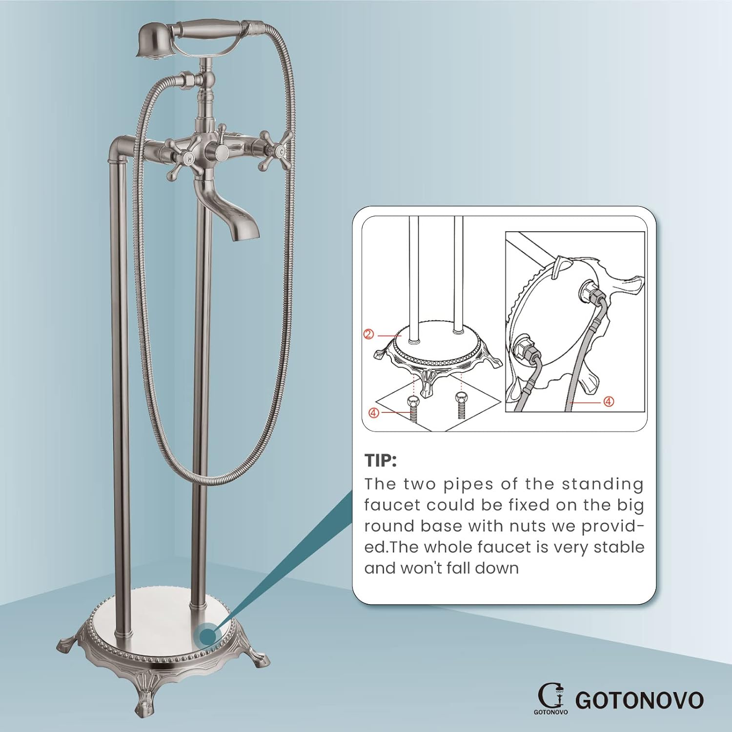 Freestanding Bathtub Faucet Brushed Nickel Floor Mount Tub Filler Double Cross Knobs Bathroom Mixing Tap with Handheld Shower Telephone Shape