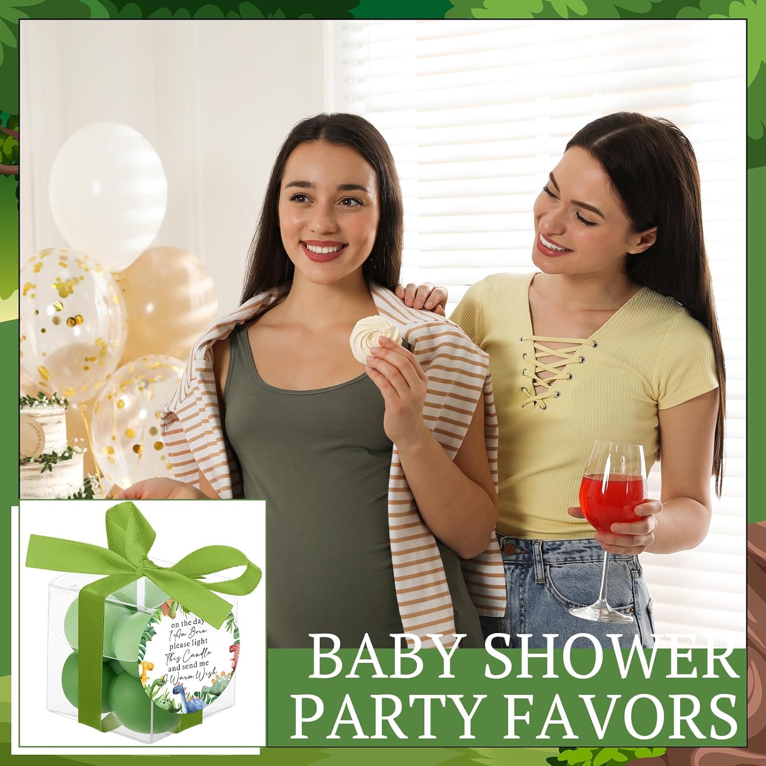 MTLEE 24 Sets Dinosaur Baby Shower Favors Small Bubble Candle Baby Shower Favors for Guests Tea Candles Bulk with Stylish Ribbons Cards Gifts Party Decoration(Army Green,Dinosaur)