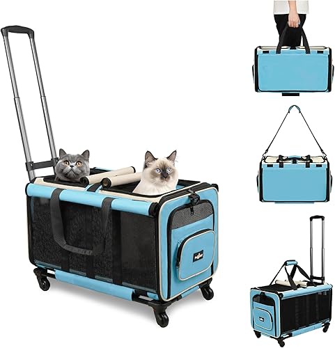 Transportador de gatos con ruedas para 2 gatos, plegable de doble compartimento con ruedas para 2 gatos pequeños y perros, transportador de viaje