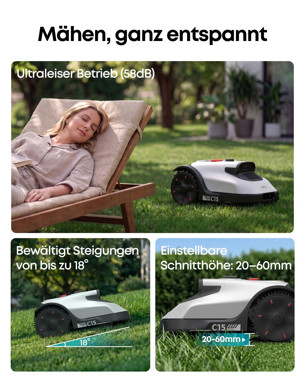 eufy Mähroboter C15 Set mit Garage & Ersatzklingen, ohne Begrenzungskabel | Bis zu 500m², TrueVision, keine Signalprobleme, Auto-Kartierung, igelsicher, intelligente Navigation, präzises Randmähen