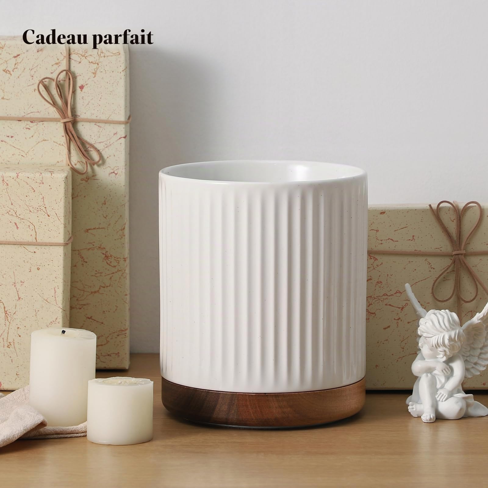 DOWAN Porte-ustensiles de cuisine rotatif en céramique, grand récipient pour ustensiles de cuisine, grand récipient pour cuillères de cuisine, rangement d'ustensiles de cuisine, blanc avec relief