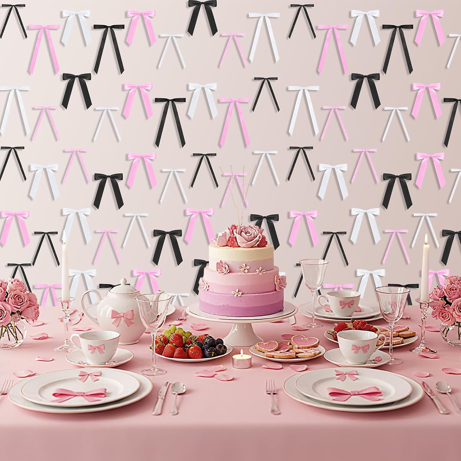 60 Pcs Bow Wall Decor, DIY Bows Party Decorations, Satin Ribbon Bow Garland Photo Backdrop for Birthday Baby Shower Bridal Shower Bachelorette Wedding Party Decor(Pink,Black,White)