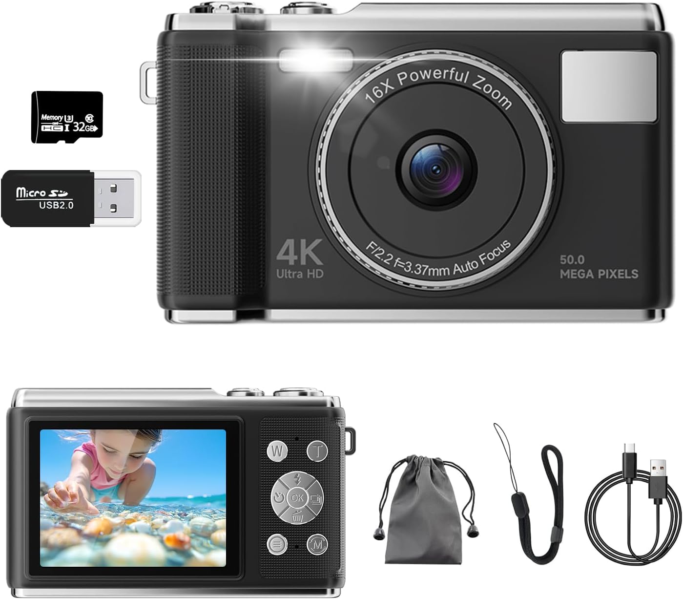 digital camera improved uhd 4k 50mp camera camera 16 x digital zoom of focus 2.83 inch screen arosy battery retro portable vlog camera for children students beginners black