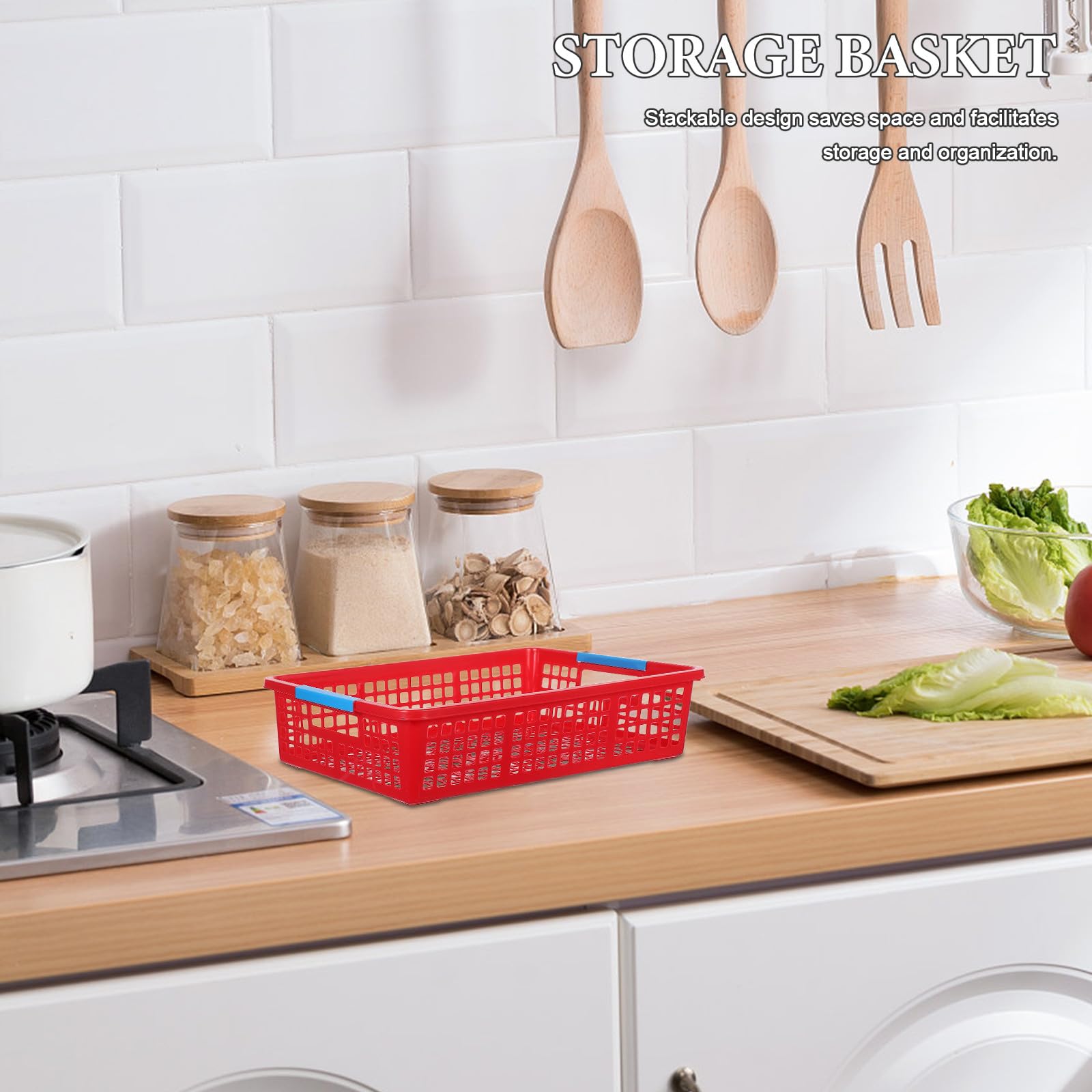 DOITOOL 5 cestas de plástico con asas - Contenedor de plástico rojo para escritorios, aulas y cocinas - Bandeja de malla apilable multifunción para frutas, snacks, juguetes y comida rápida