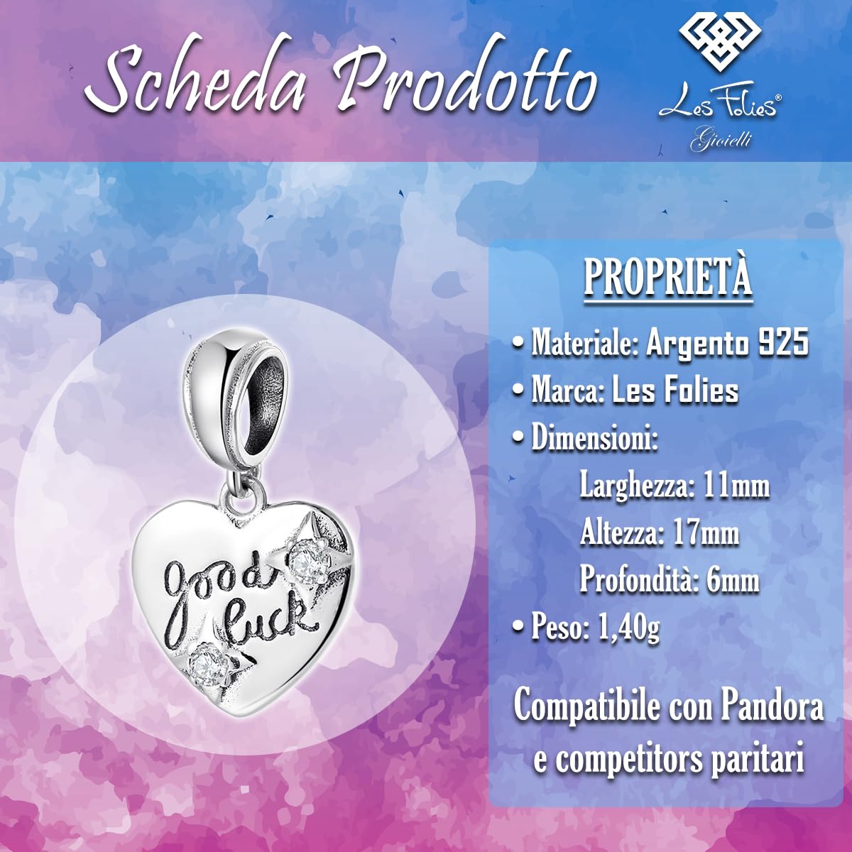 Charm Serce Szczęście Przyjaźń Rhinestone Good Luck Wisiorek Srebrny Wisiorek 925 - Les Folies dla Pandory