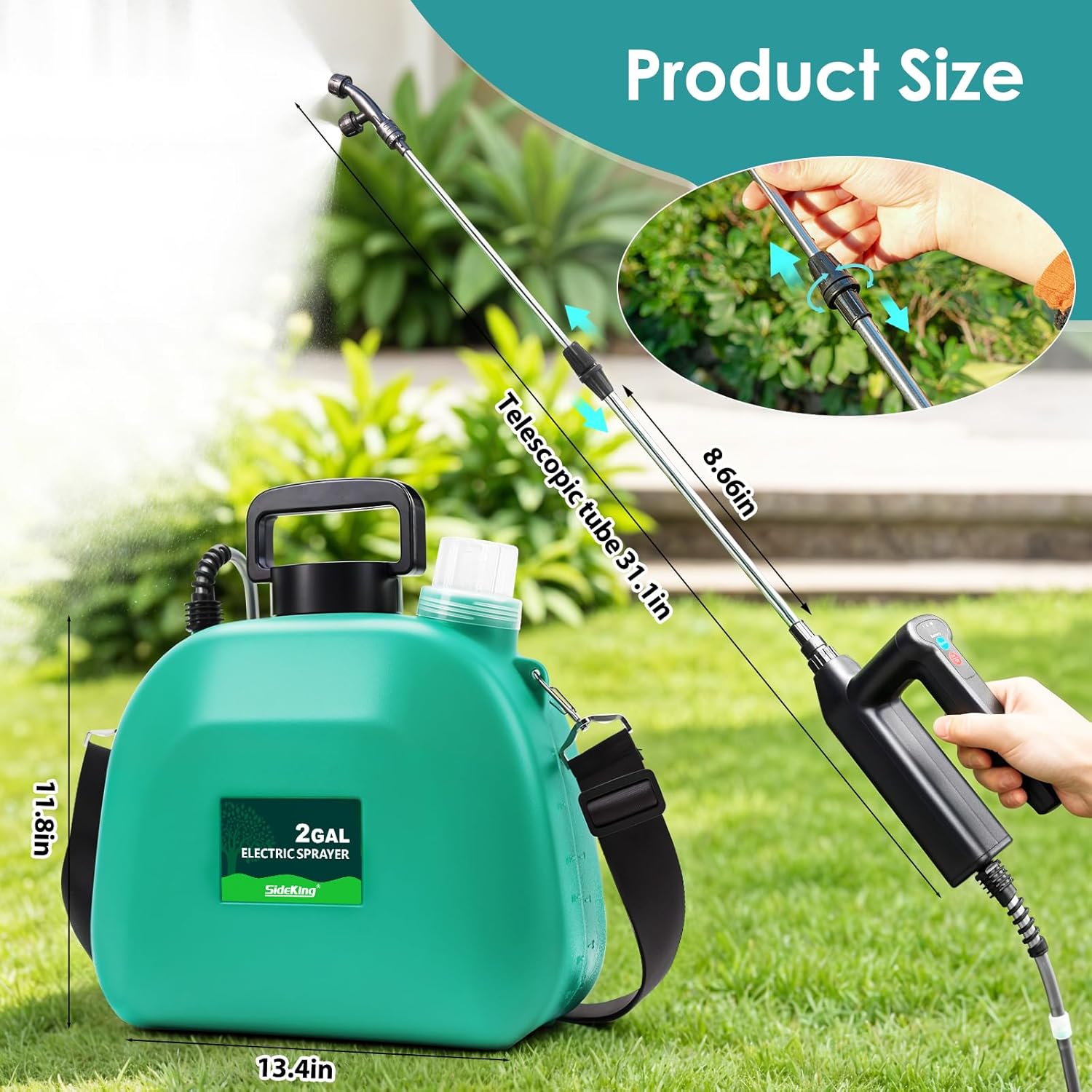 Battery Powered Sprayer 2 Gallon, 2025 Upgraded Electric Weed Sprayer with 3 Spray Forces, Battery Indicator, Rechargeable Handle,4 Mist Nozzles,23.6" Retractable Wand,Shoulder Strap, for Lawn&Garden