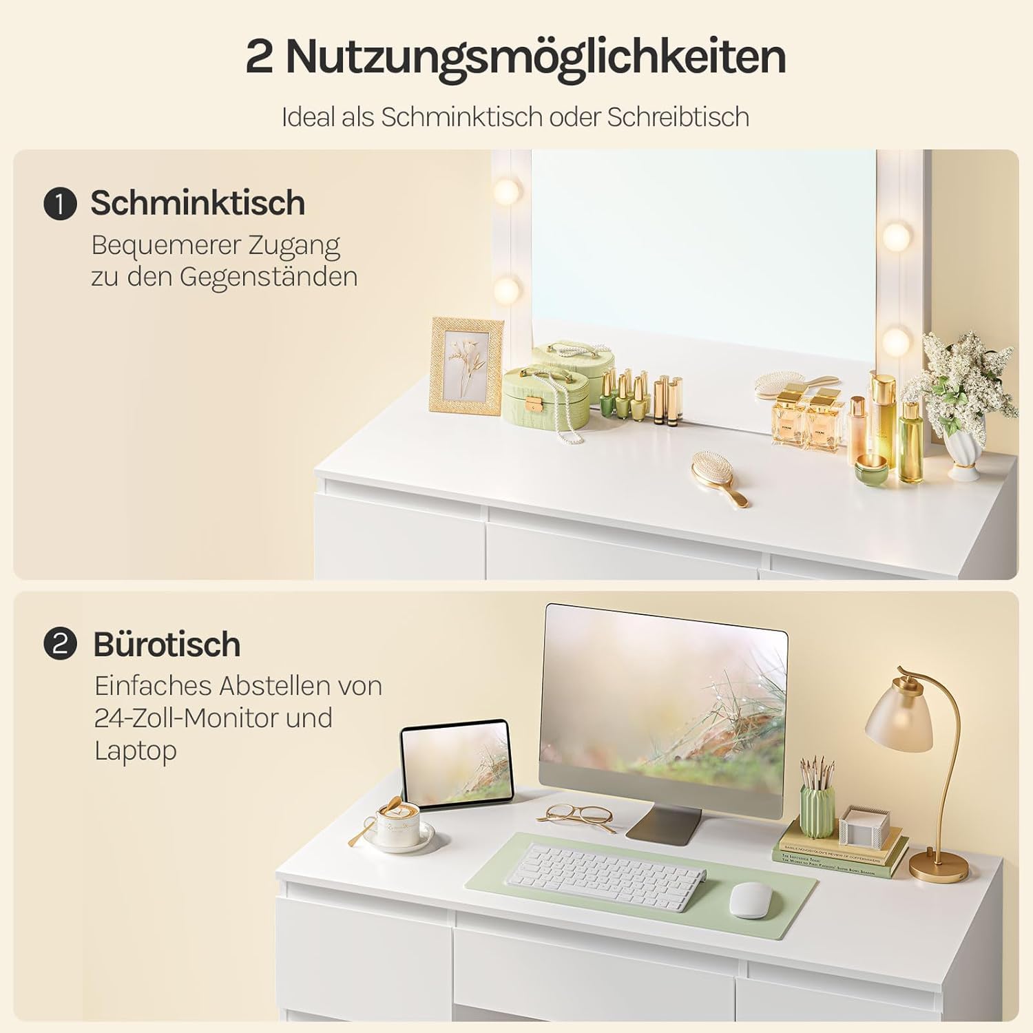 WOLTU Schminktisch mit Beleuchtung Hollywood, 3 Lichtmodi, großer Schminktisch mit Spiegel, Frisiertisch mit 7 Schubladen, 107×140,5×39,5 cm, Moderne Möbel für Schlafzimmer, Weiß