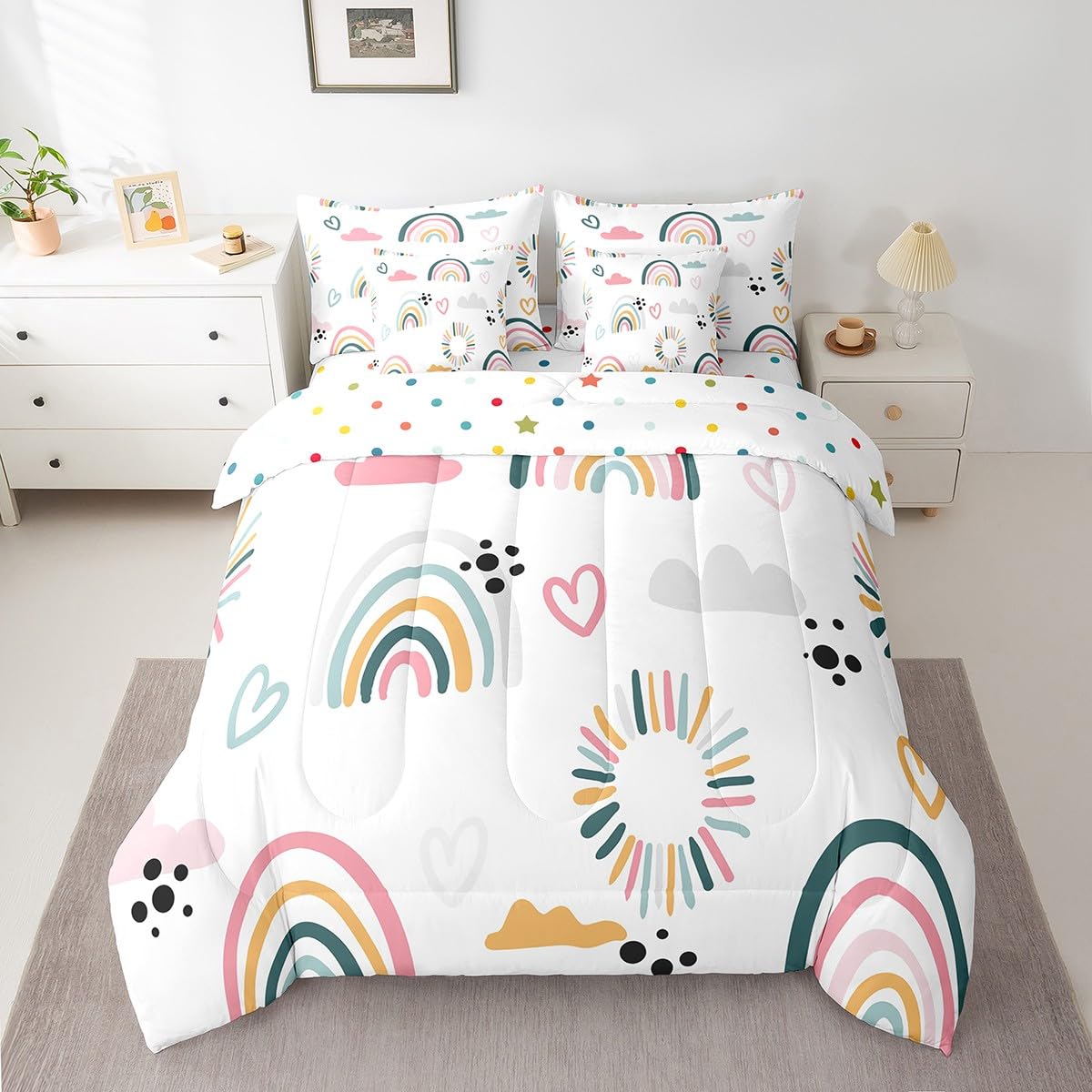 Feelyou Girls Catoon Rainbow Comforter Set with Sheets 7 Piece Twin Size Pink Love Heart Bedding Set Decor Cute Cloud Bed in a Bag Kawaii Stripes
