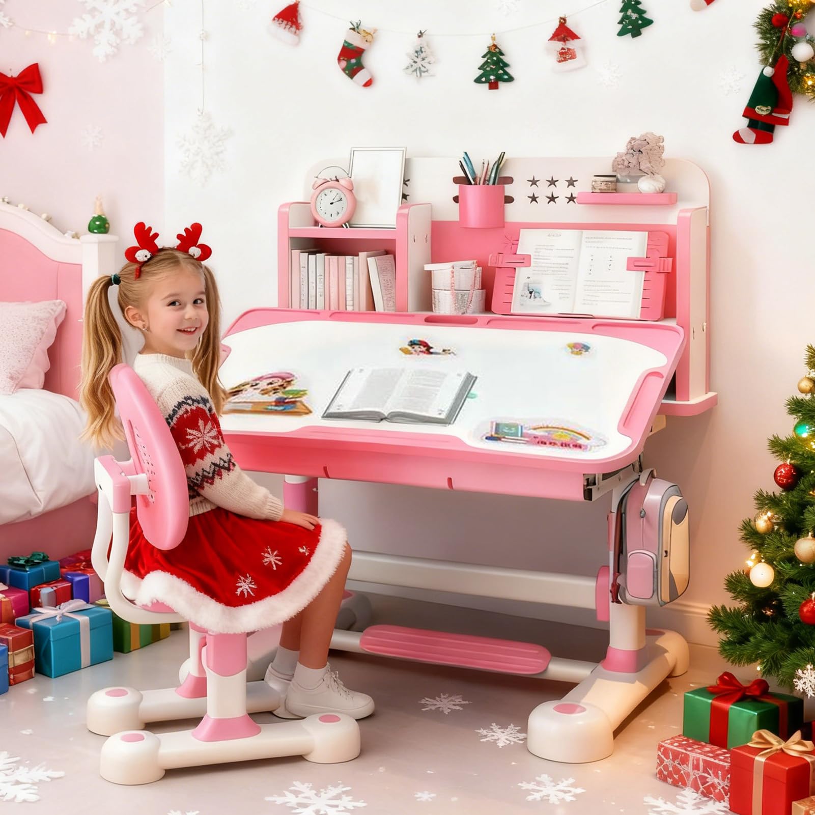 ohfruit [Einfach zu montierendes, höhenverstellbares Kinder-Schreibtisch- und Stuhl-Set, ergonomischer Lerntisch mit Sitzkorrektur, Fußpedal, geräumiger Lerntisch für Kinder, ideal für Hausaufgaben