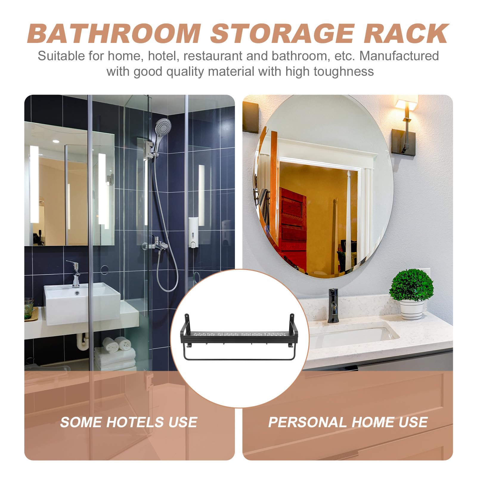 Tofficu Estante de Almacenamiento sin Taladro para Baño de 50 Cm, Aluminio Espacial Negro, Gancho para Colgar Utensilios y Toallas, Organizador Multifuncional para Ducha y Aseo Doméstico