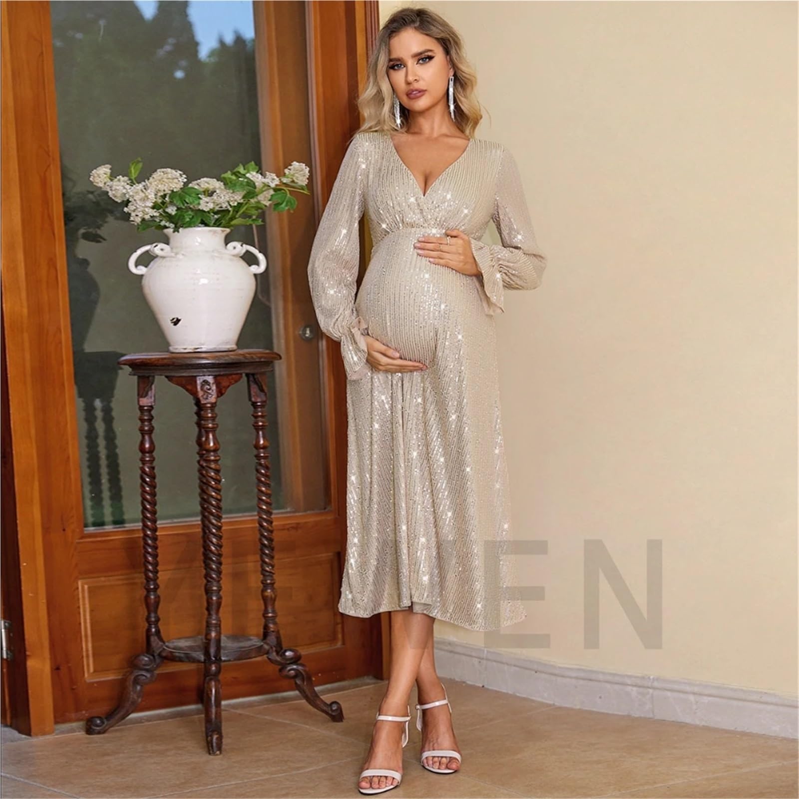 Robe Grossesse Robe de maternité for Femme Enceinte, Manches Longues, Paillettes, col en V, Robe trapèze élégante