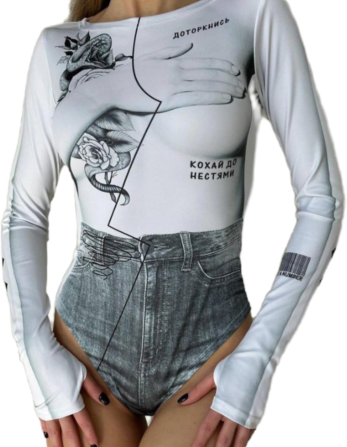Mandonce White Bodysuit Women Denim Print Boat Neck Long Sleeve Mesh Corset bodysuit Floral Print Going Out Top Clubwear Sexy