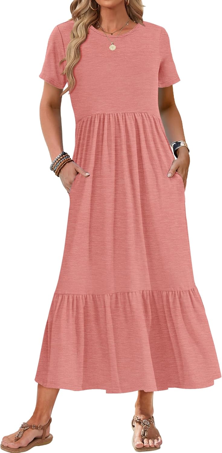 AUSELILY Womens Summer Dresses 2025 Short Sleeve Maxi Dress Crewneck Casual Sundresses with Pockets