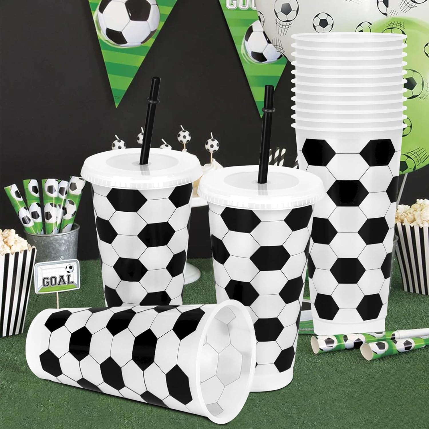 12 Pcs Soccer Plastic Cups, 24 oz Soccer Party Cups with Straws and Lids Sports Ball Plastic Tumblers for Sports Themed Party Decorations Birthday Favors Home Office Supplies - Image 4