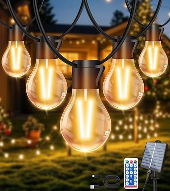 Solar Festoon Lights Outdoor, 12M/39.4FT USB&Solar String Lights Outdoor Garden Waterproof with 8 Modes,15 Shatterproof Bulbs,Timer&Remote, Garden Solar Lights for Gazebo, Patio, Party, Wedding Decor [Energy Class G]