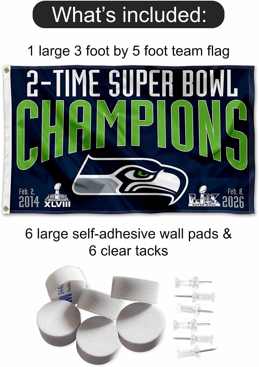 Seattle Seahawks 2 Time Super Bowl Champions Banner and Tapestry Wall Tack Pads