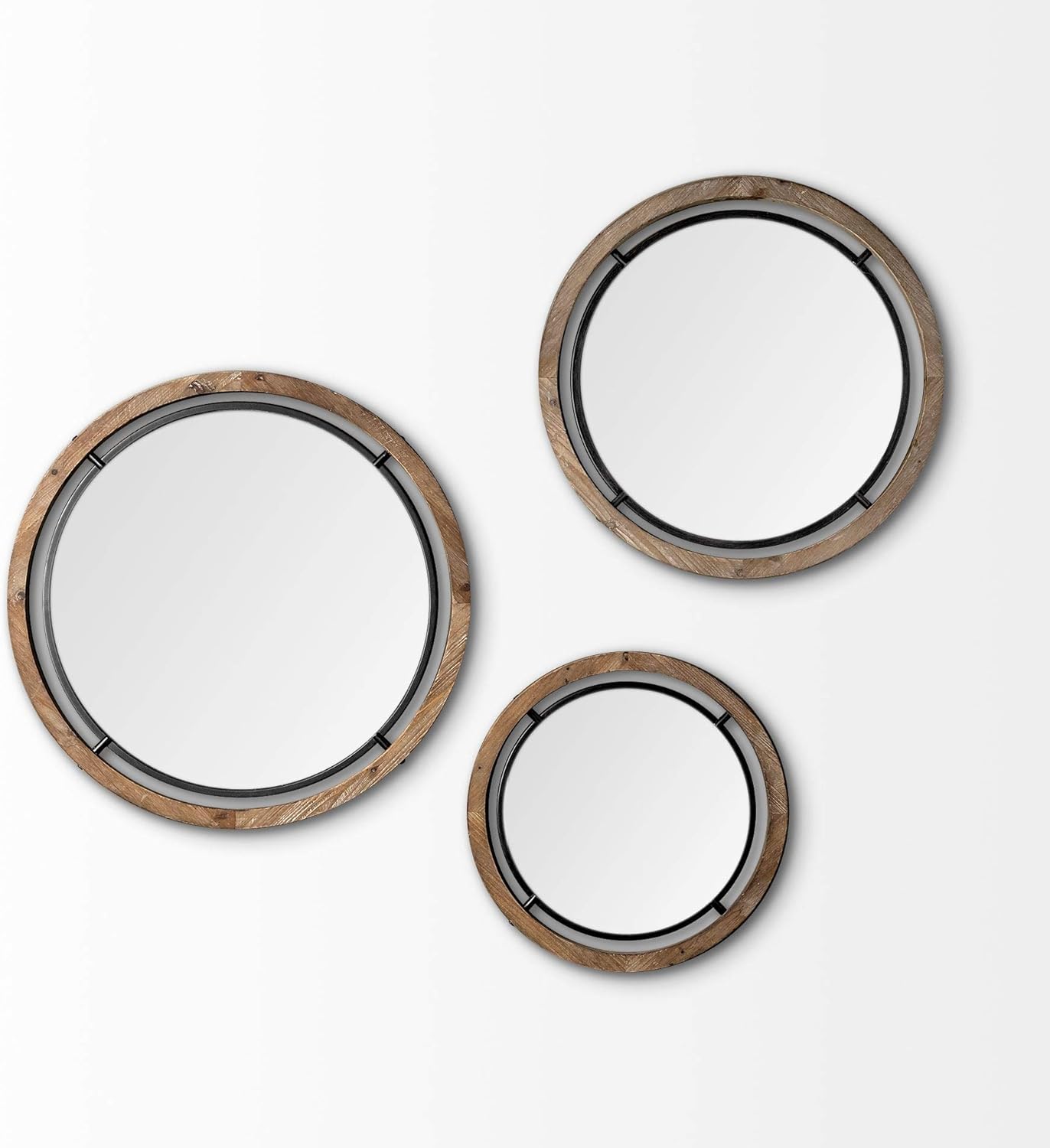 HomeRoots 24" Brown Wood and Black Metal Frame Wall Mirror