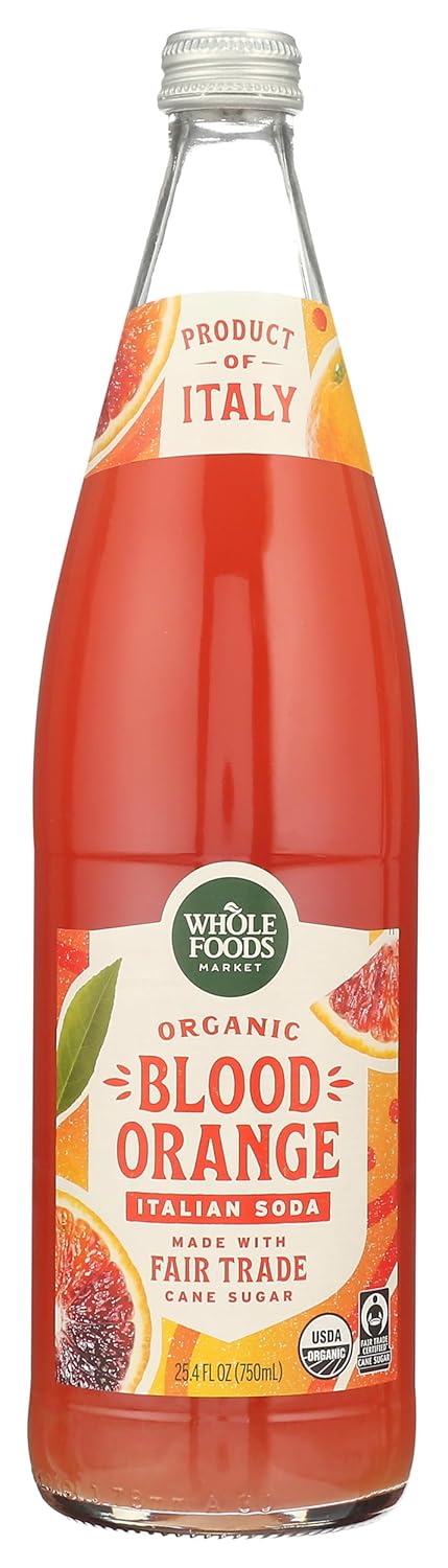 Whole Foods Market Organic Blood Orange Italian Soda, 25.4 Fl Oz Glass Bottle - Authentic Real Fruit Citrus Flavor