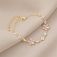 NewZenro Pink Crystal Cherry Blossom Chain Link Bracelet - Adjustable Gold/Silver Plated CZ Floral Sakura Bangle for Women