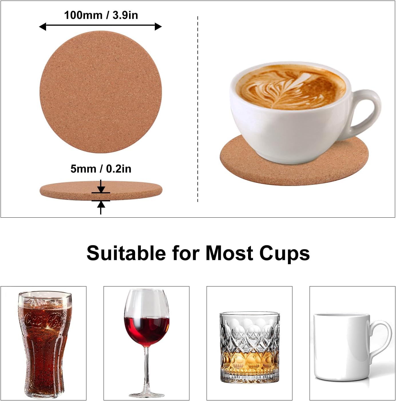 100 Pack 4 Inch Round Cork Coasters, Absorbent Cork Coasters for Drinks, Crafts, DIY Projects Wine Glass, Mug, Coffee Cup, Plants and General Use KUKLIPJIM - Image 2