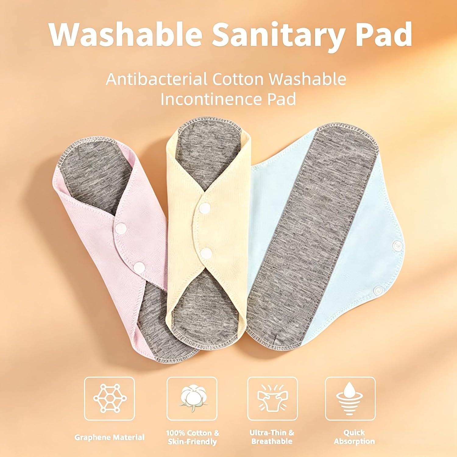 Reusable Leakproof Washable Incontinence Pads for Women Adults | Graphene Absorbent, Waterproof & Breathable | Pure Cotton Bladder Leak Pads, Day Night Postpartum Incontinence Protection (3pcs)
