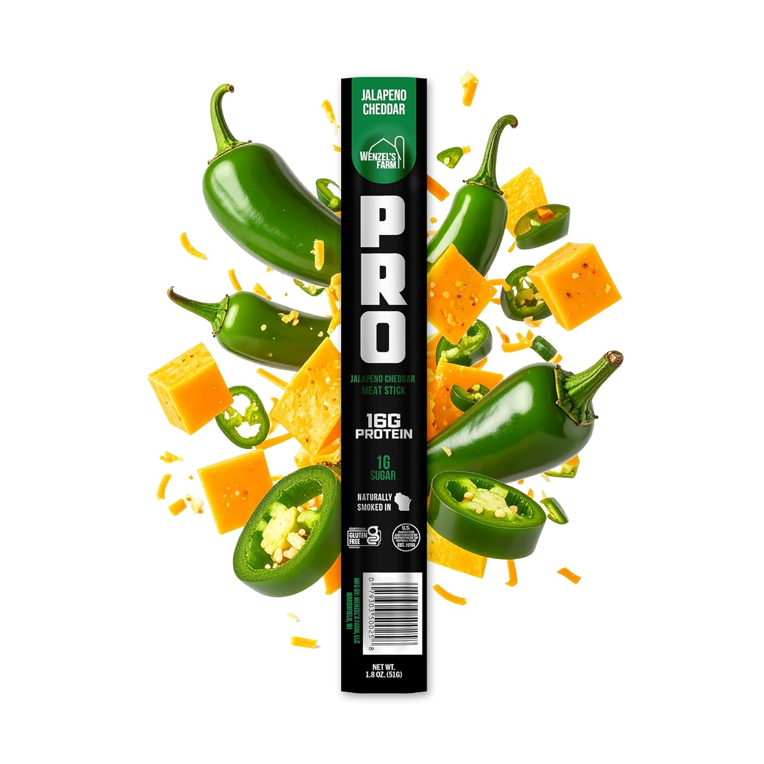 Wenzel's Farm PRO Snack Sticks - Naturally Smoked, Handcrafted with Real Quality Meat (Jalapeno Cheddar) Pack of 10 Sticks (1.9oz Each)