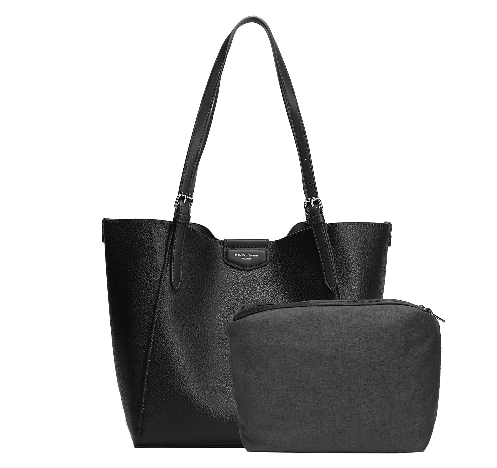 David Jones Bolso de Hombro Mujer - Bolso de Mano Piel Sintética Suave - Tote Shopper Gran Capacidad A4 Cuero PU - Bolsos Compras Trabajo Asas Largas - 2 Piezas con Embrague - Negro