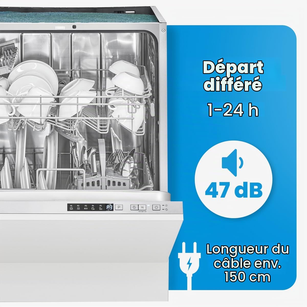 Bomann Lave-Vaisselle Encastrable 60 cm GSPE7421VI Blanc - 14 Couverts, Affichage LED, 5 Programmes, Économie d'Énergie, Cuve en Acier Inoxydable, 47 dB, 11L par Cycle