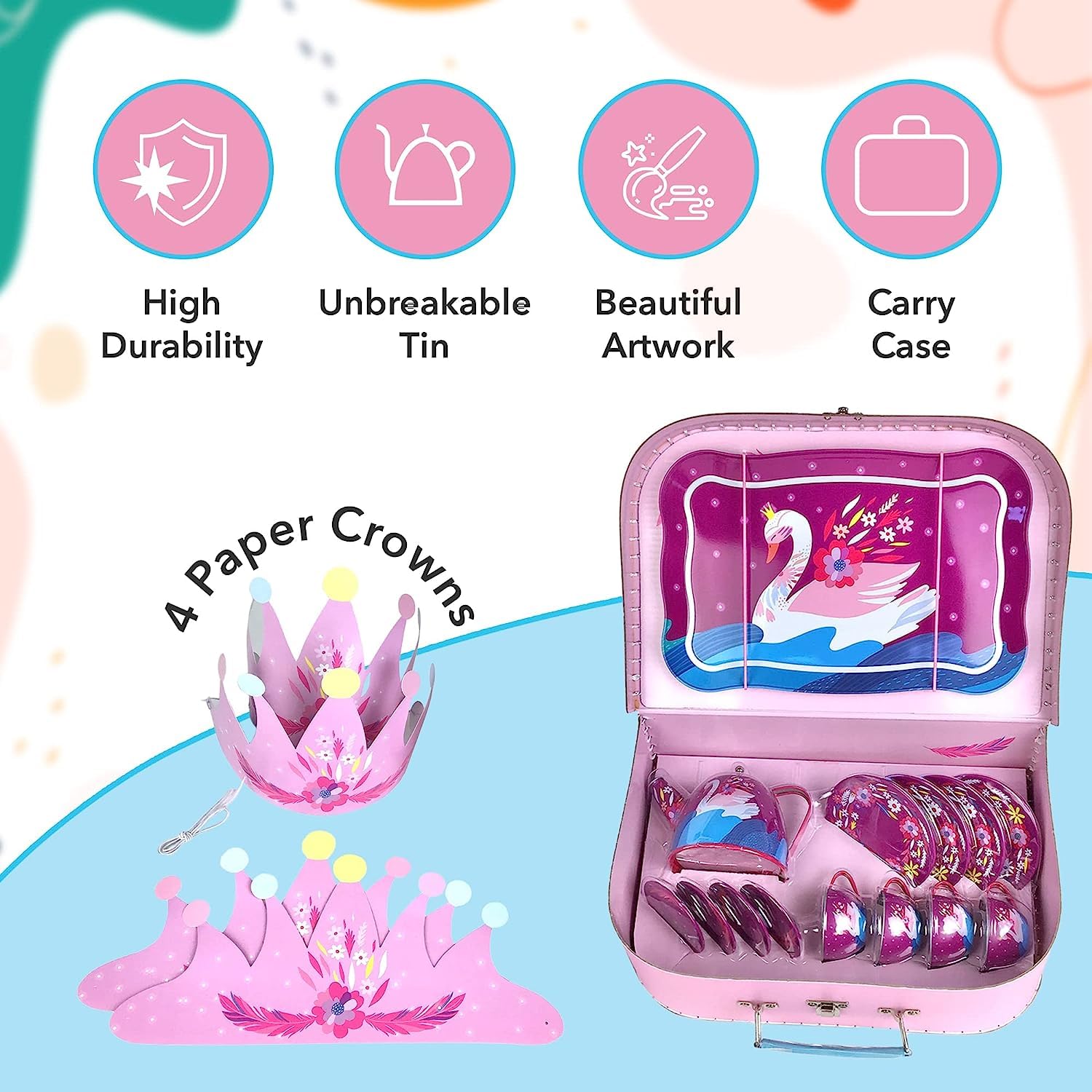 Bright Stripes Kids Tea Set With Carry Case - 20 Piece Pretend Play Toy For Girls With Swan Princess Design