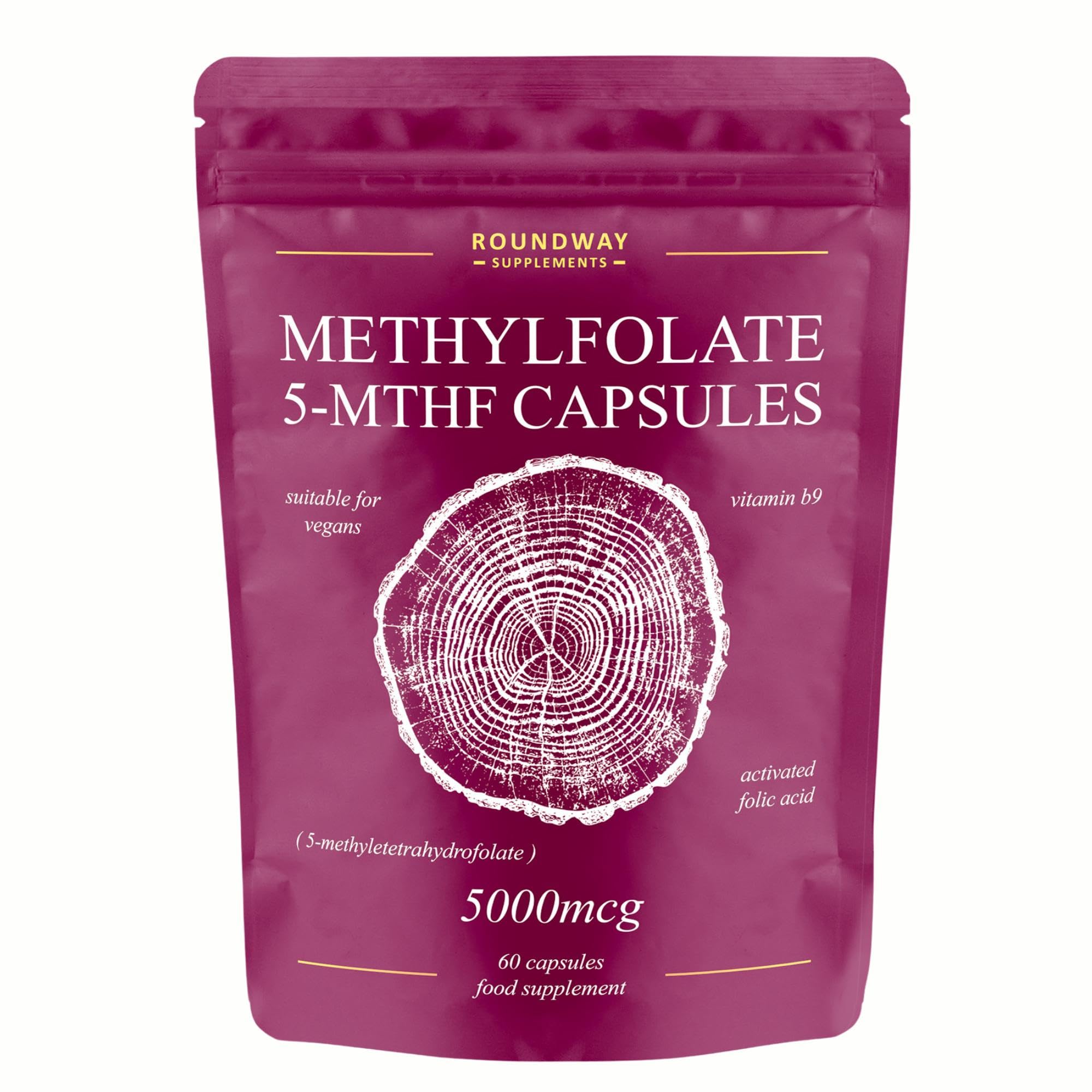 Methylfolate Folic Acid 5mg | 5000mcg 5-MTHF Supplement for Pregnancy | 60 Capsules, 2 Month Supply | Made in The UK by Roundway Supplements