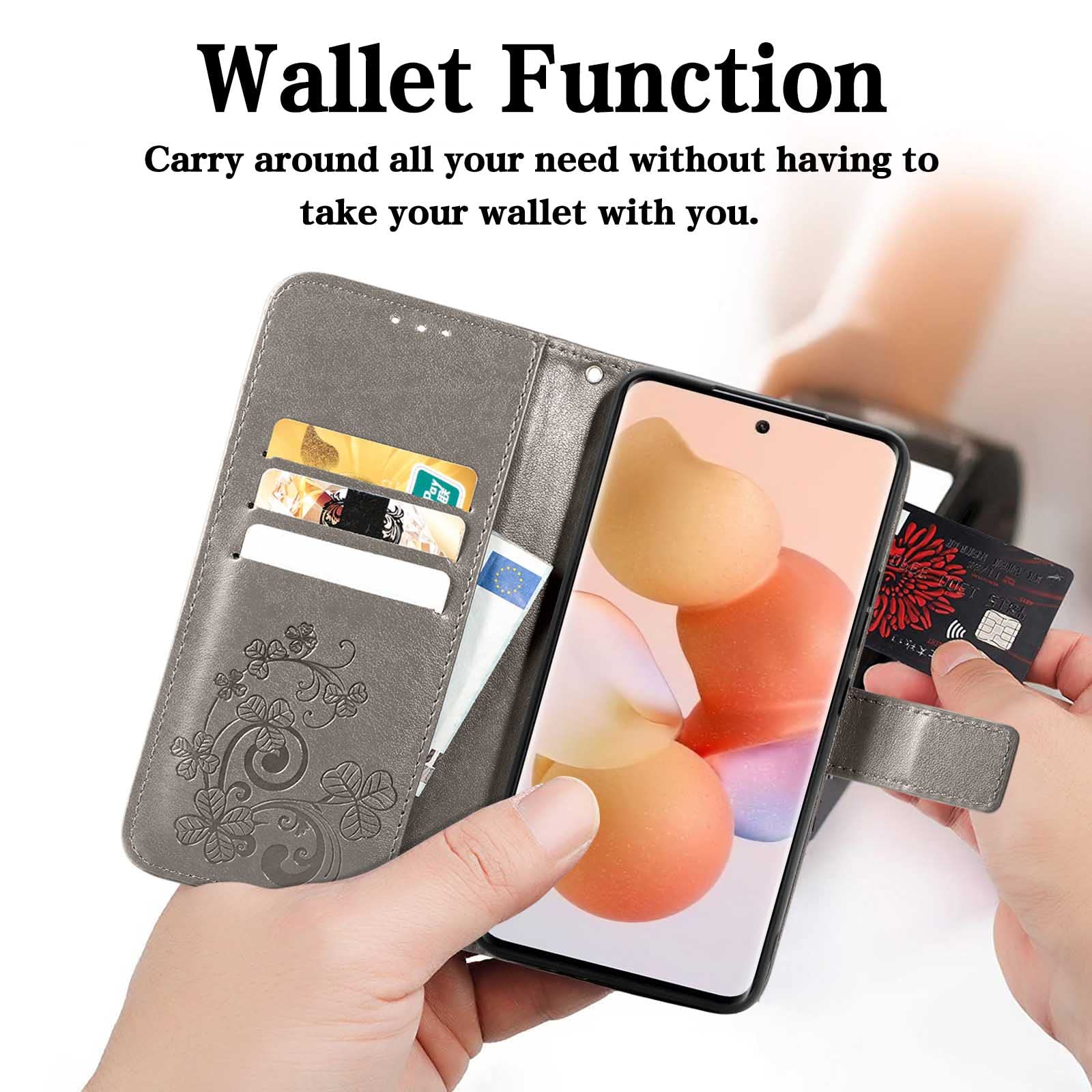 PEIYE Rilievo Cover per Xiaomi 13T / Xiaomi 13T Pro, Custodia Libro Flip in PU Pelle Portafoglio, Case Antiurto Soft con Porta Carte e Chiusura Magnetica, Funzione Stand,Grigio
