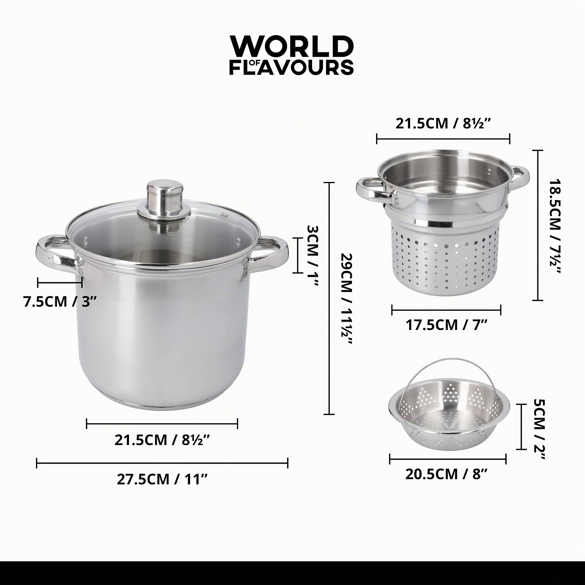 KitchenCraft World of Flavours Pastatopf mit Sieb und Gemüsedampfkorb in Geschenkbox, induktionssicher, Edelstahl, 4 Liter