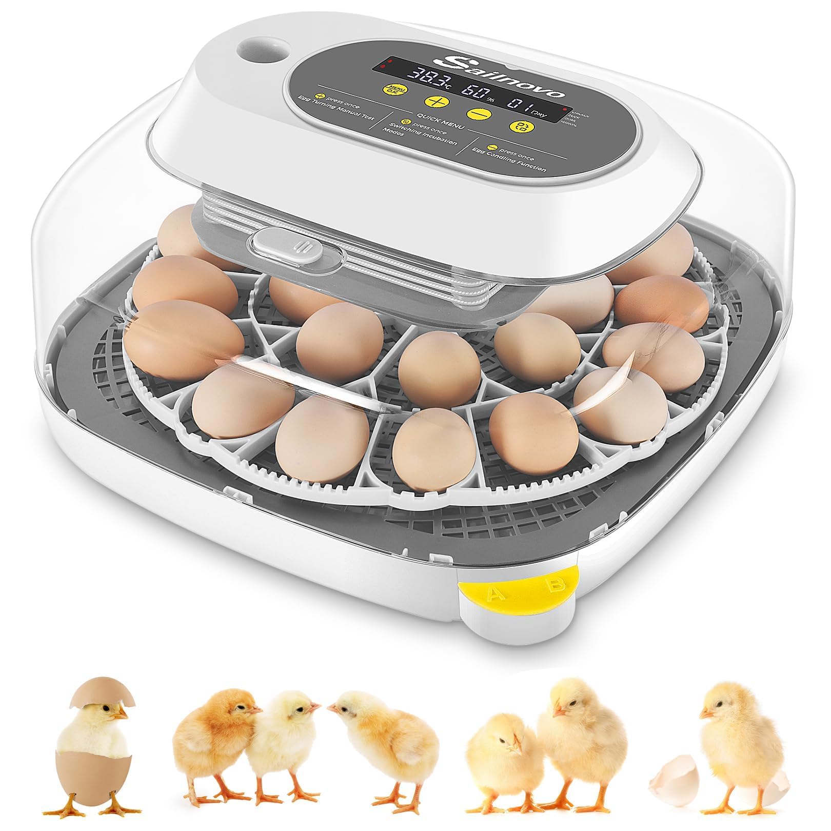 Sailnovo Incubator for 24 Eggs, 4 Modes Egg Incubator with Automatic Egg Turning, Temperature Control and Humidity Alarm - 360°View with Clear Window
