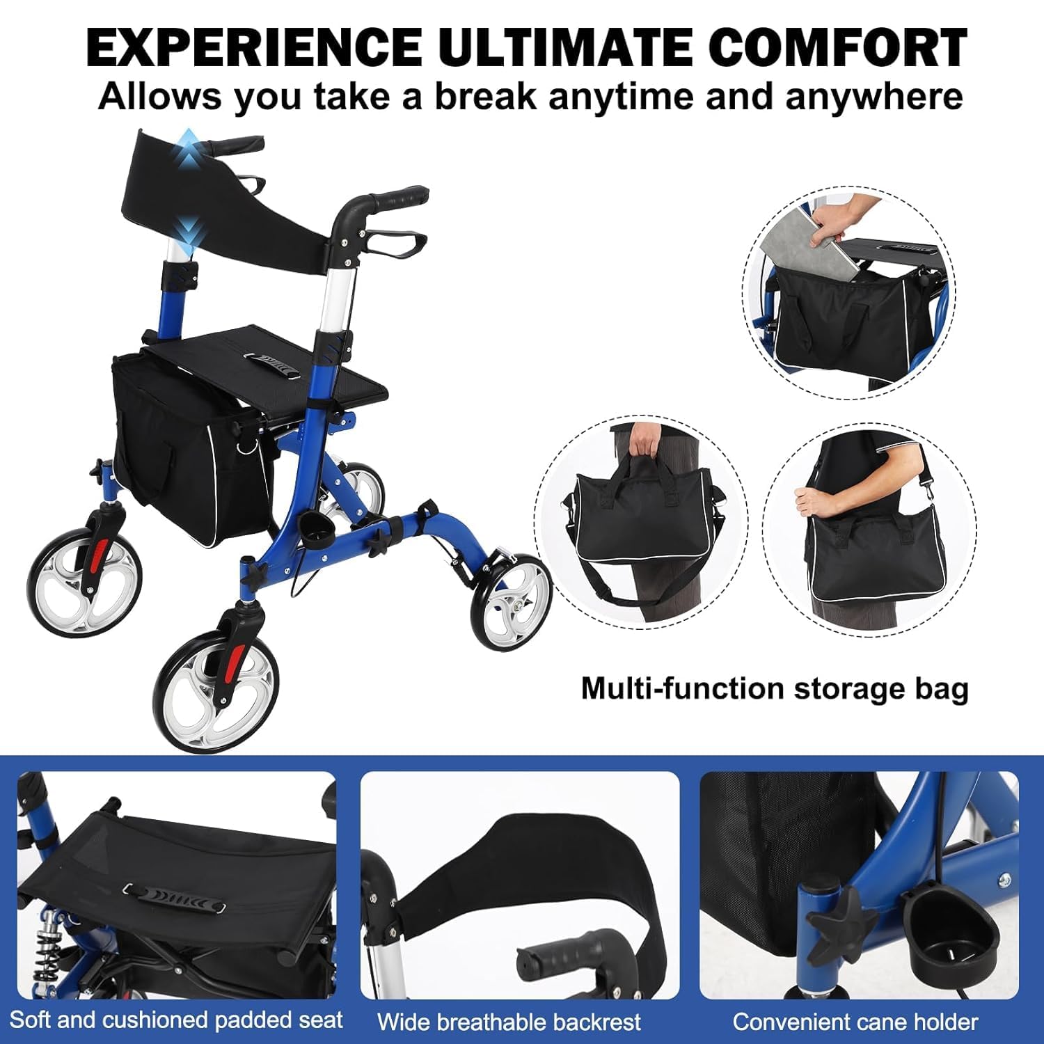 Rollator 2 in 1 per anziani - Deambulatore pieghevole leggero con freni, seduta e schienale - Ruote robuste per tutti i terreni, alluminio, capacità 150kg - Ideale per mobilità e passeggiate