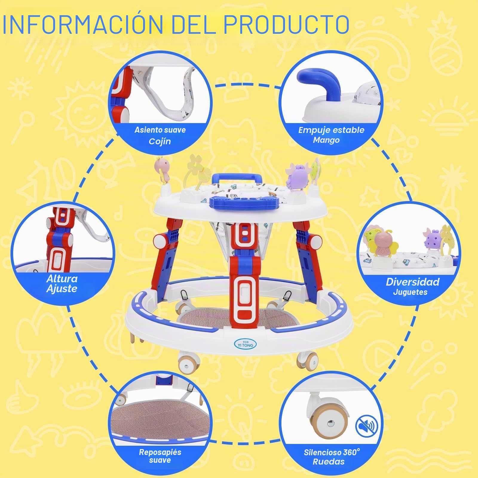Andador Bebes 5in1,Tacata Bebe Plegable con Altura Música,Plegable Asiento Giratorio 360°, 6 Ruedas Silenciosas,Apto Para Niños y Niñas a Partir de 6 Meses,Azul