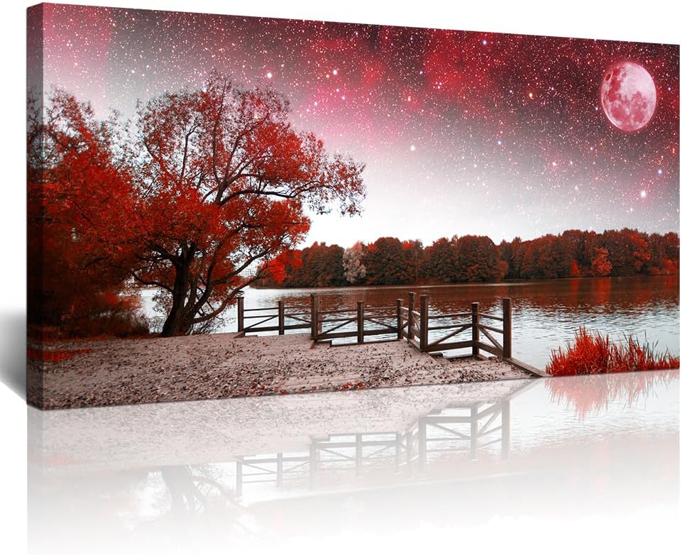Sponsored Ad - Lapremoly Modern Wall Decorations - Canvas Wall Art for Living Room, Bedroom, Office - Farmhouse Wall Decor - Framed Mural - Starry Sky Pictures - Red Tree Landscape