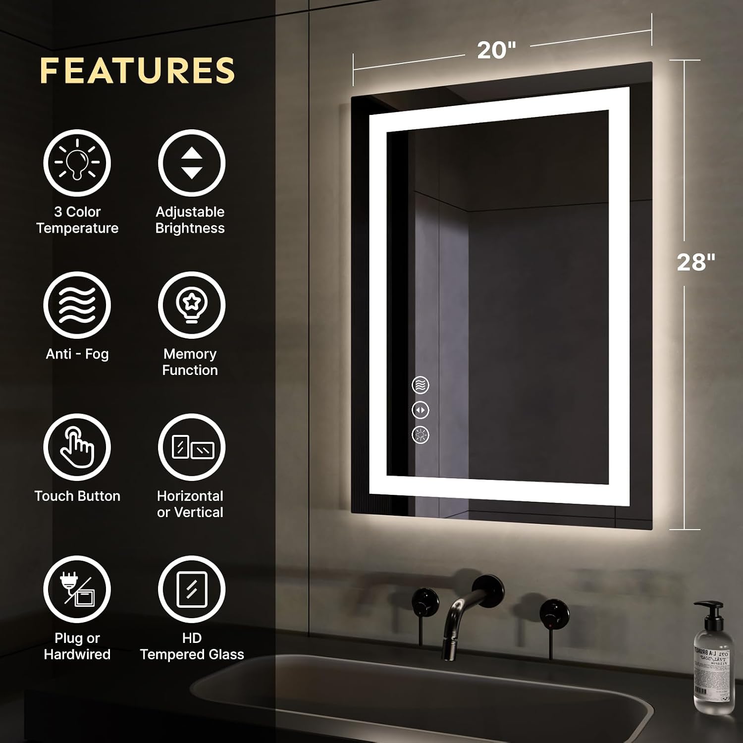Kosmonia 28x20 Inch LED Bathroom Mirror with Lights, Anti-Fog, Dimmable