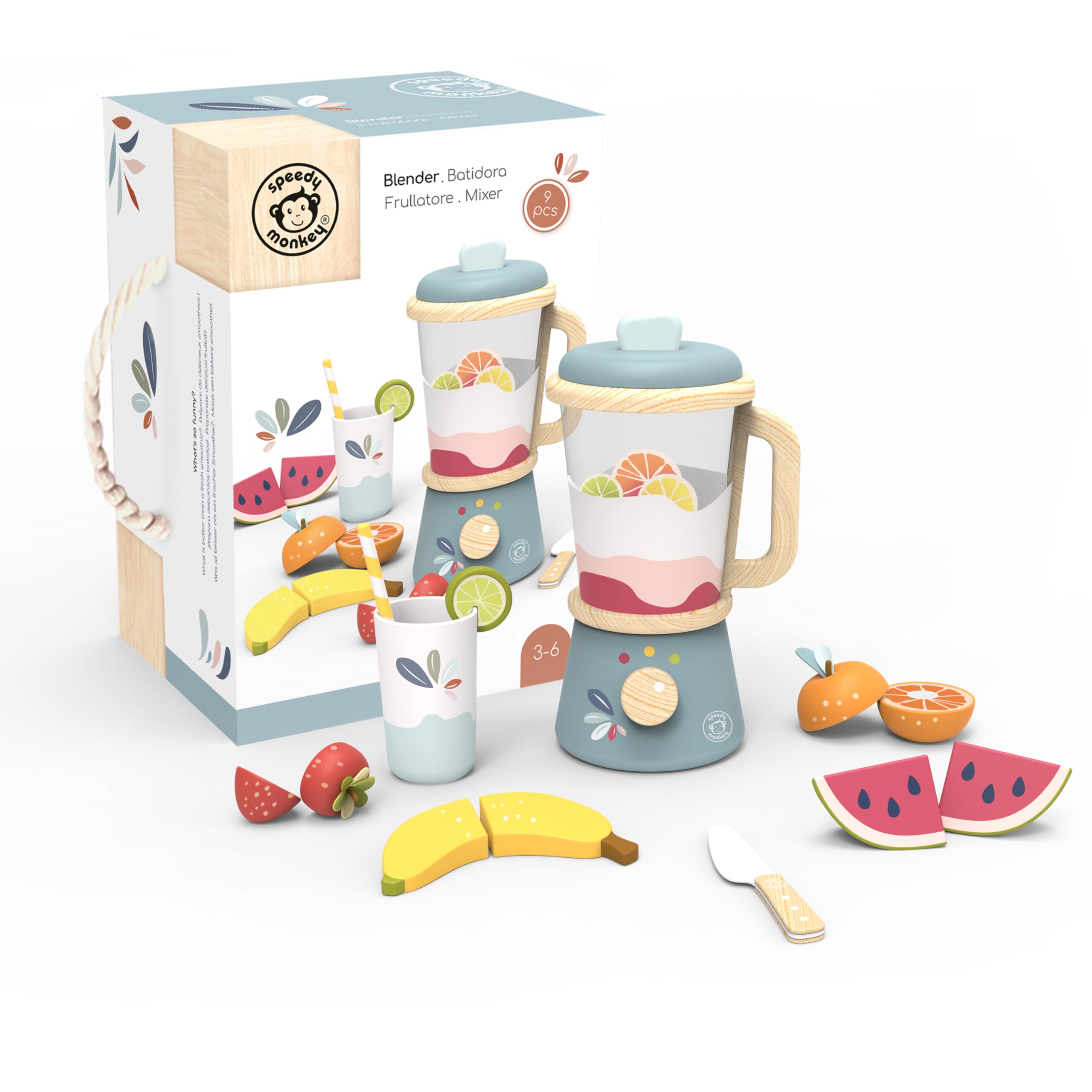 Speedy Monkey Wooden Toy Blender - Includes Wooden Lid, Knife, Cup, Straw & Fruit Pieces | Play Kitchen Accessories for Boys & Girls Toys | Kids Toy Kitchen | Play Kitchen | Play Food | Toddler Toys