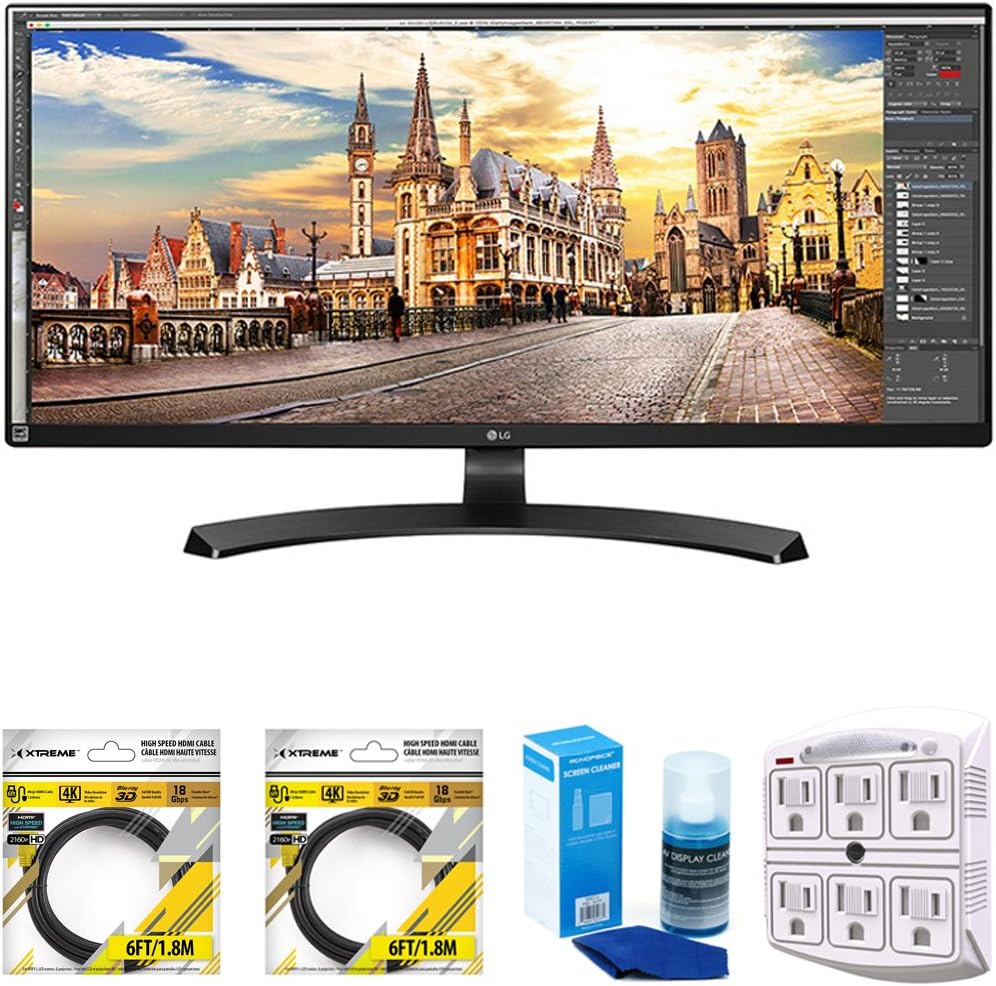 LG 29UM59A-P 29-Inch UltraWide FHD 2560 x 1080 IPS Monitor Bundle with 2X 6ft HDMI Cable Black, Screen Cleaner for LED TVs Large Bottle and SurgePro 6-Outlet Surge Adapter