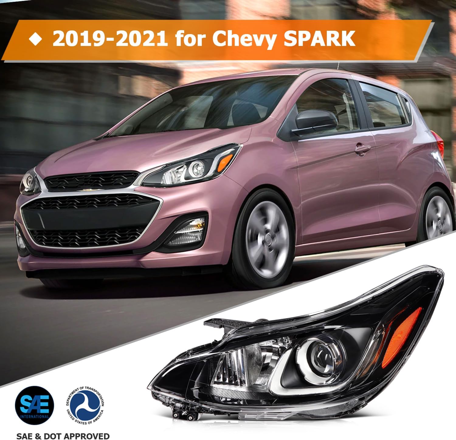 Headlight Assembly Compatible with 2019-2021 for Chevy SPARK Chrome Housing Amber Reflector Passenger Side Headlamp 42704896 GM2503509