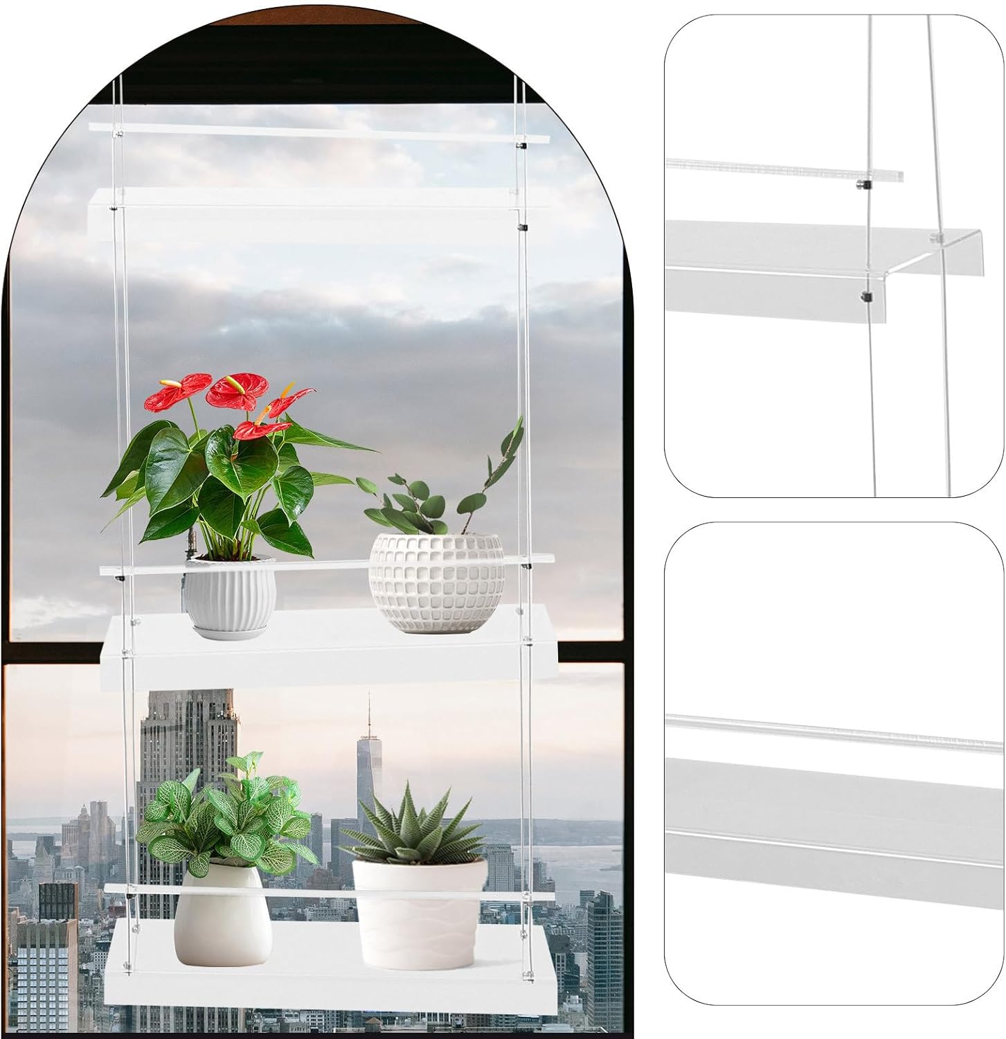 TIDTALEO Hanging Plant Shelf and Flower Pot Holder for Indoor Window Use, Acrylic 3-tier Hanging Flower Rack for Small Pots, Indoor Garden Plant Stand Organizer