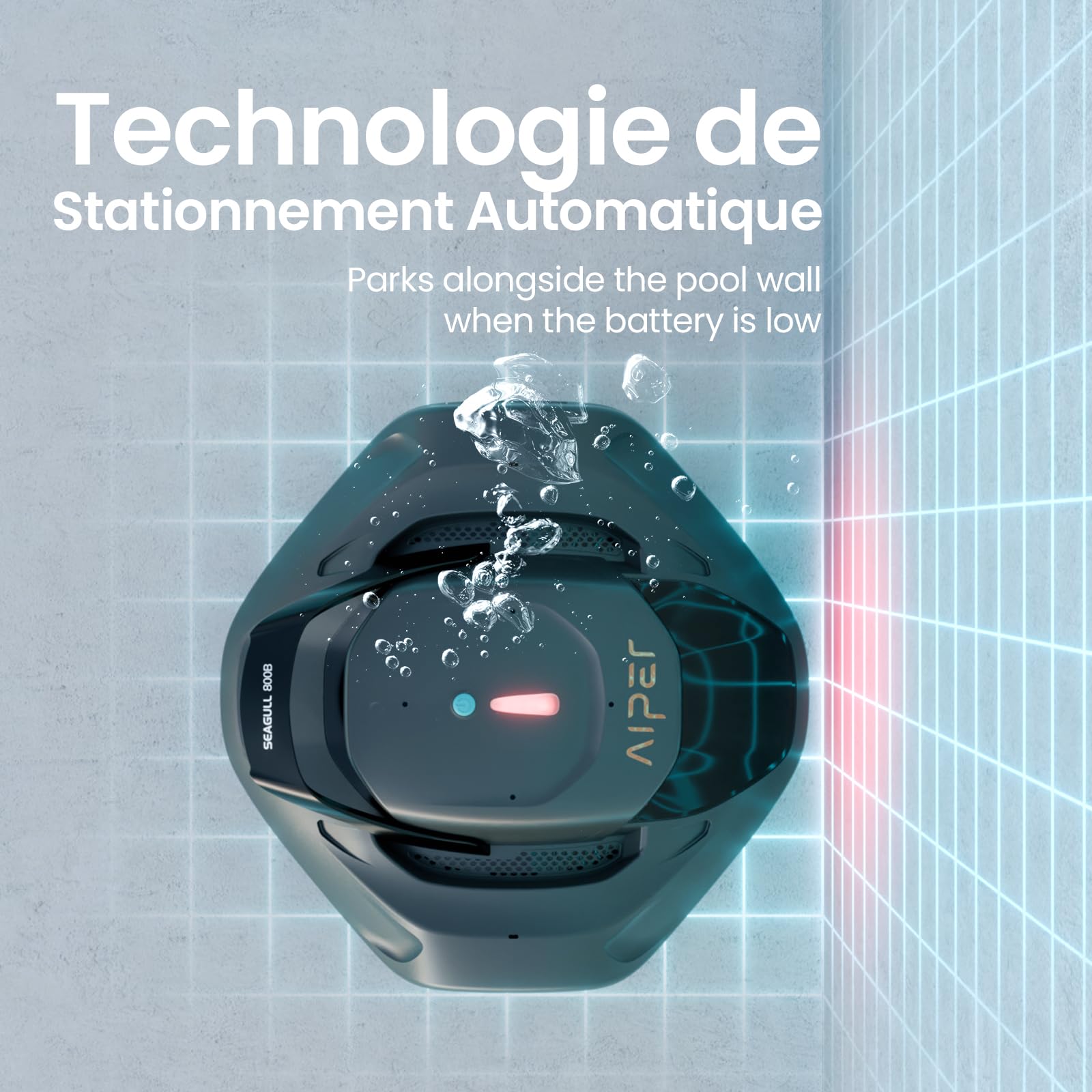 AIPER Seagull 800B Robot Piscine sans Fil, Aspirateur Piscine, 90 Min d’Autonomie, Stationnement Automatique, Forte Aspiration, Affichage LED, pour Piscines Hors-Sol Jusqu’à 80 m²